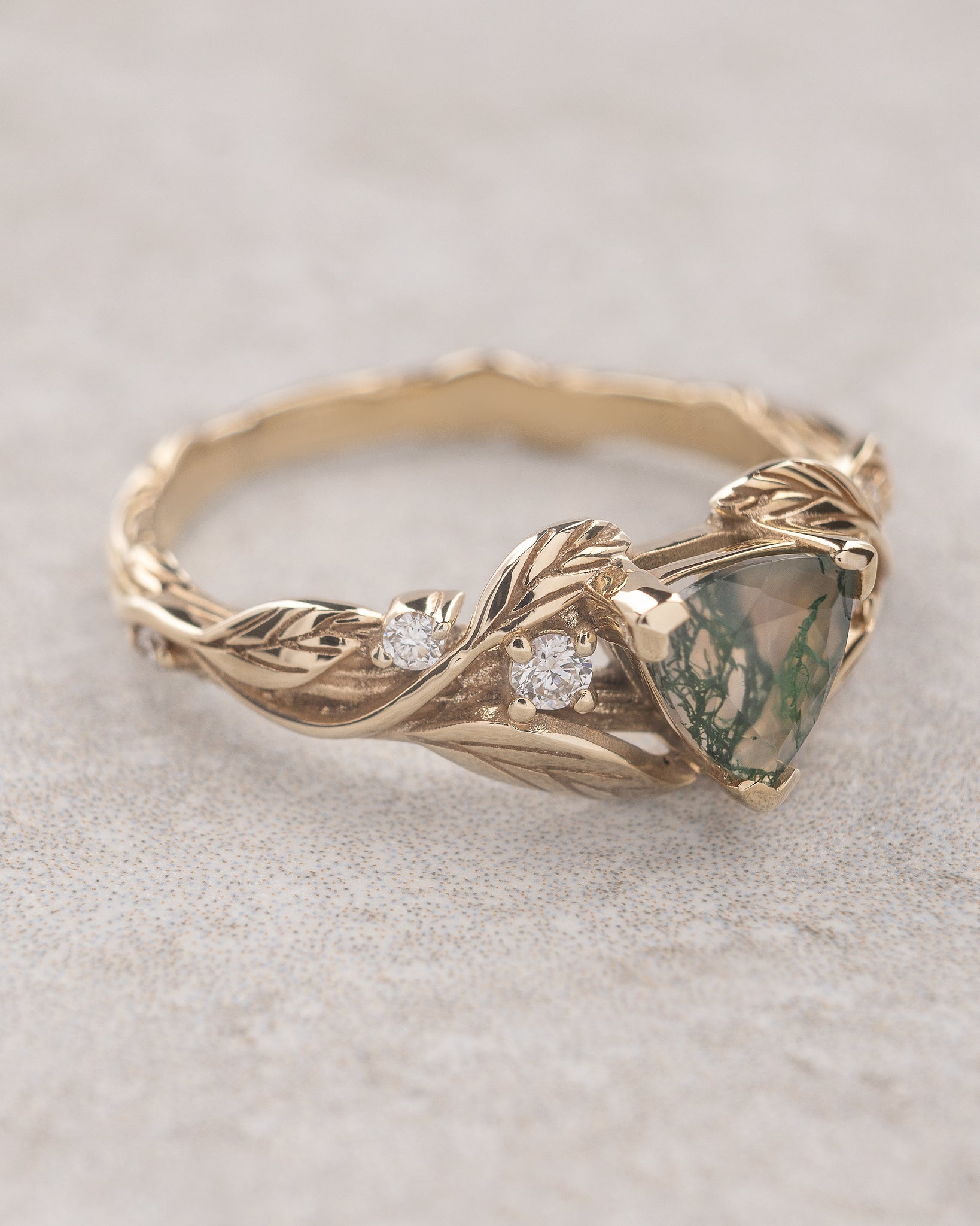 Moss agate bridal ring set, gold leaves and diamonds stacking rings / Clematis