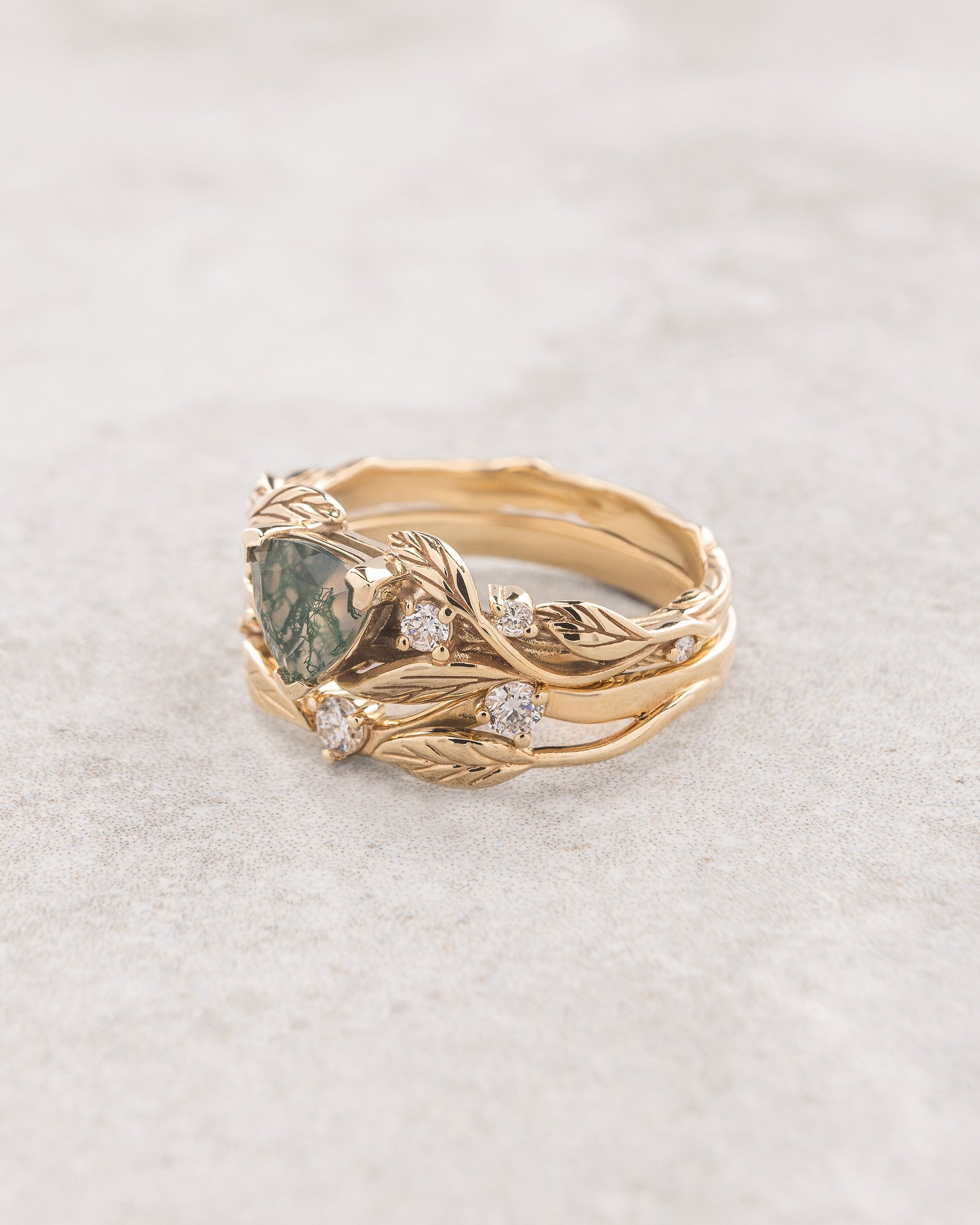 Moss agate bridal ring set, gold leaves and diamonds stacking rings / Clematis