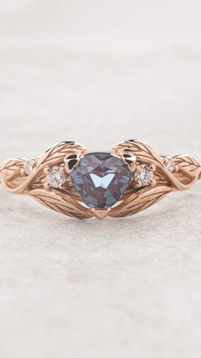 Trillion alexandrite and diamonds engagement ring, gold leaf band / Clematis - Eden Garden Jewelry™