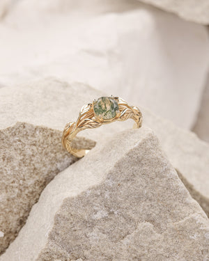 Round moss agate twig bridal ring set / Clematis