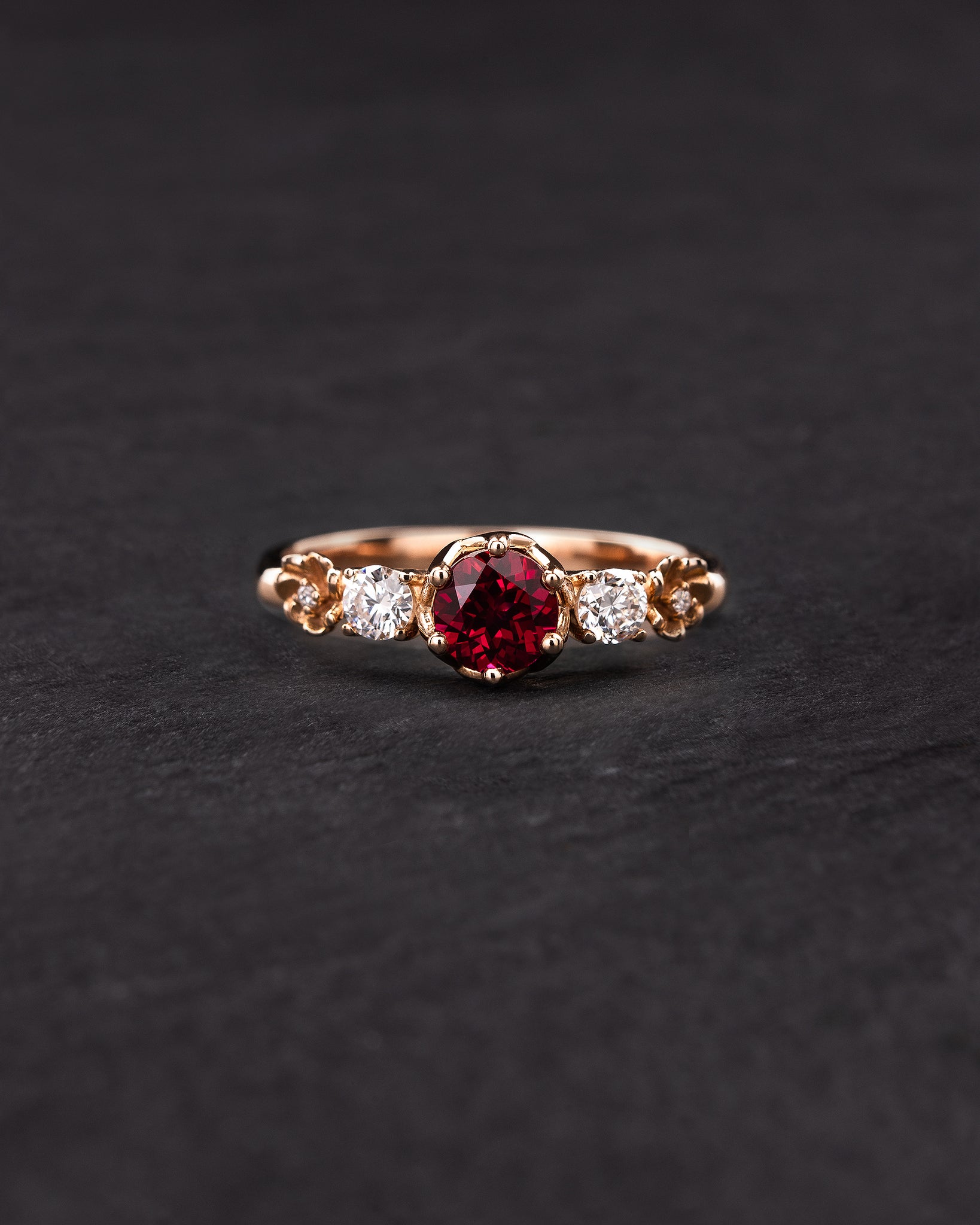 Passionate red ruby engagement ring on a floral diamond band / Fiorella