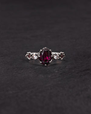 Rhodolite garnet engagement ring, white gold flower ring with diamonds and tourmalines / Fiorella