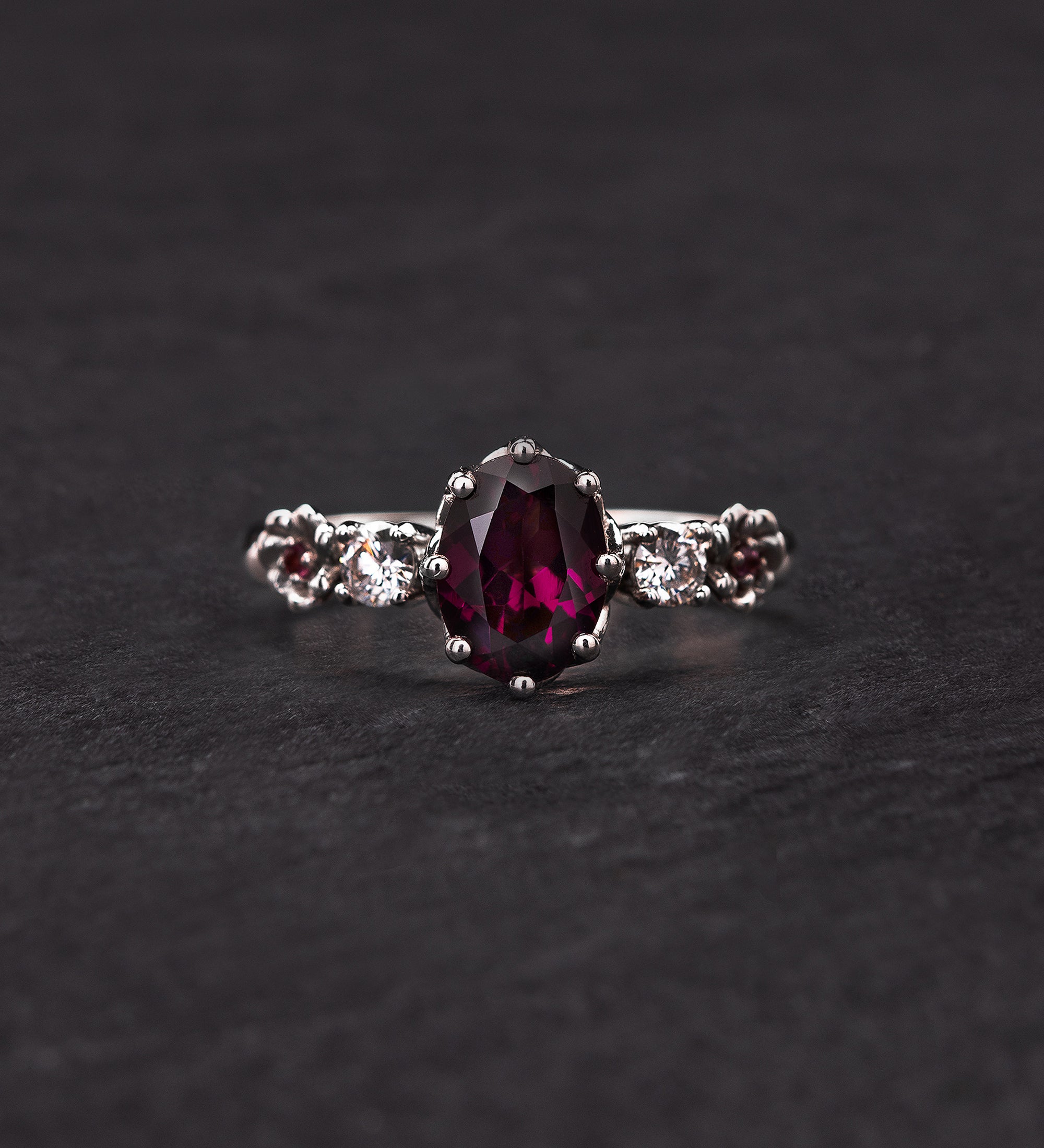 Rhodolite garnet engagement ring, white gold flower ring with diamonds and tourmalines / Fiorella - Eden Garden Jewelry™