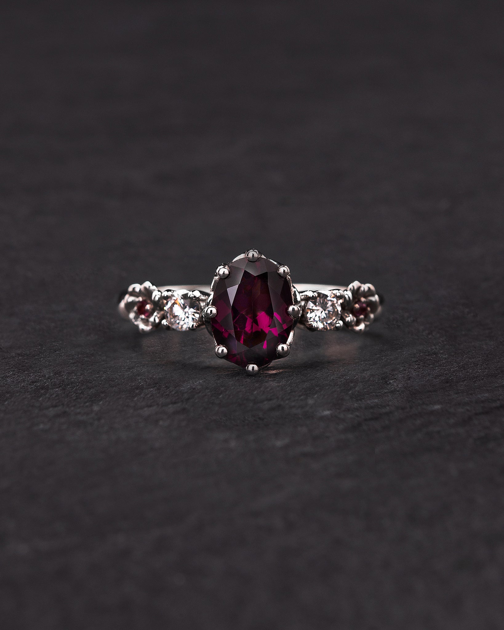 Rhodolite garnet engagement ring, white gold flower ring with diamonds and tourmalines / Fiorella