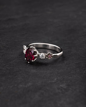 Rhodolite garnet engagement ring, white gold flower ring with diamonds and tourmalines / Fiorella