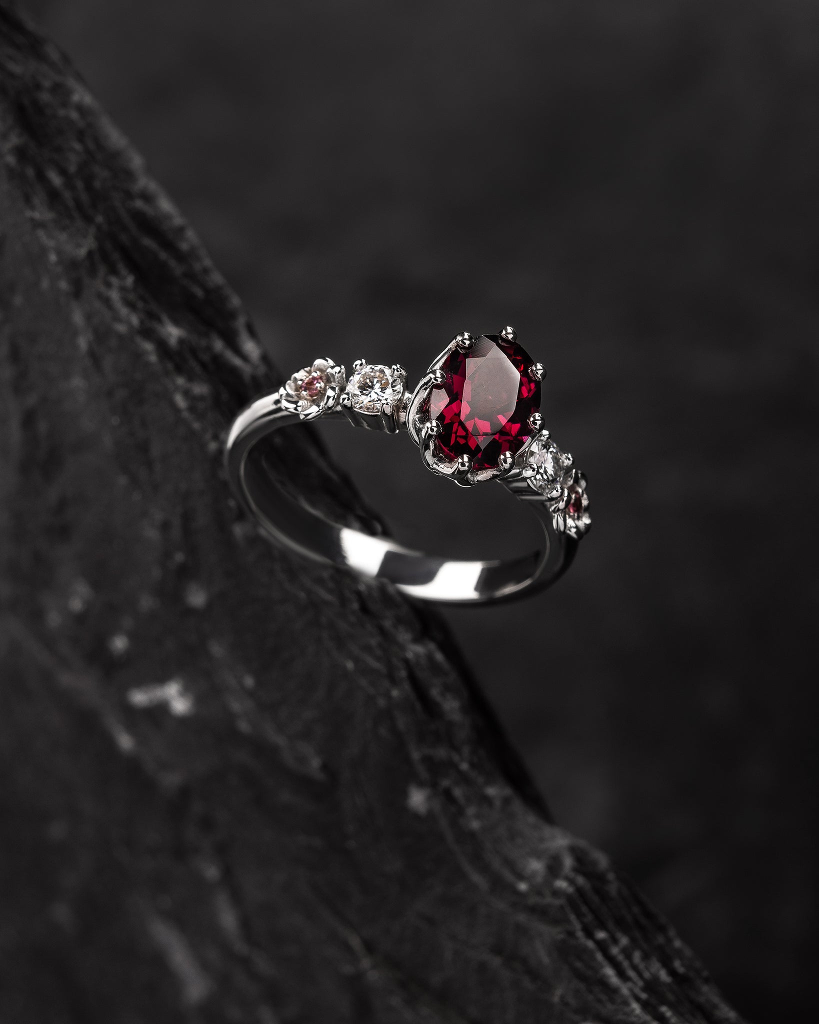 Rhodolite garnet engagement ring, white gold flower ring with diamonds and tourmalines / Fiorella