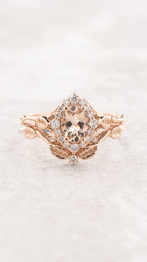 Romantic bridal ring set with natural pink morganite and leafy motifs / Florentina - Eden Garden Jewelry™