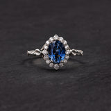 Natural and clear blue sapphire engagement ring with diamond halo / Florentina