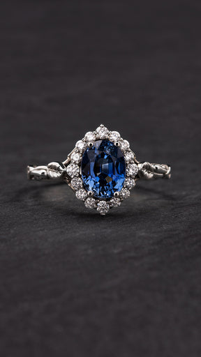 Natural and clear blue sapphire engagement ring with diamond halo / Florentina - Eden Garden Jewelry™