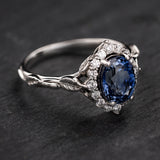 Nature inspired bridal ring set with natural blue sapphire and diamonds / Florentina