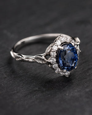 Natural and clear blue sapphire engagement ring with diamond halo / Florentina