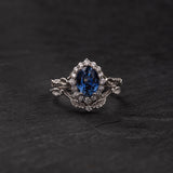 Nature inspired bridal ring set with natural blue sapphire and diamonds / Florentina