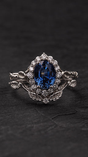 Nature inspired bridal ring set with natural blue sapphire and diamonds / Florentina - Eden Garden Jewelry™