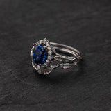 Nature inspired bridal ring set with natural blue sapphire and diamonds / Florentina