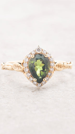 Green tourmaline engagement ring with diamond halo and golden leaves / Florentina - Eden Garden Jewelry™