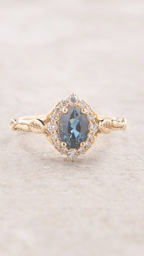 Genuine blue sapphire engagement ring, nature inspired ring with diamond halo / Florentina - Eden Garden Jewelry™
