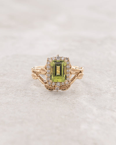 Vivid peridot bridal ring set with diamond halo, emerald cut gemstone ring / Florentina - Eden Garden Jewelry™