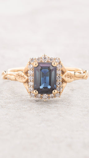 Natural sapphire engagement ring with diamond halo, emerald cut gemstone ring / Florentina - Eden Garden Jewelry™