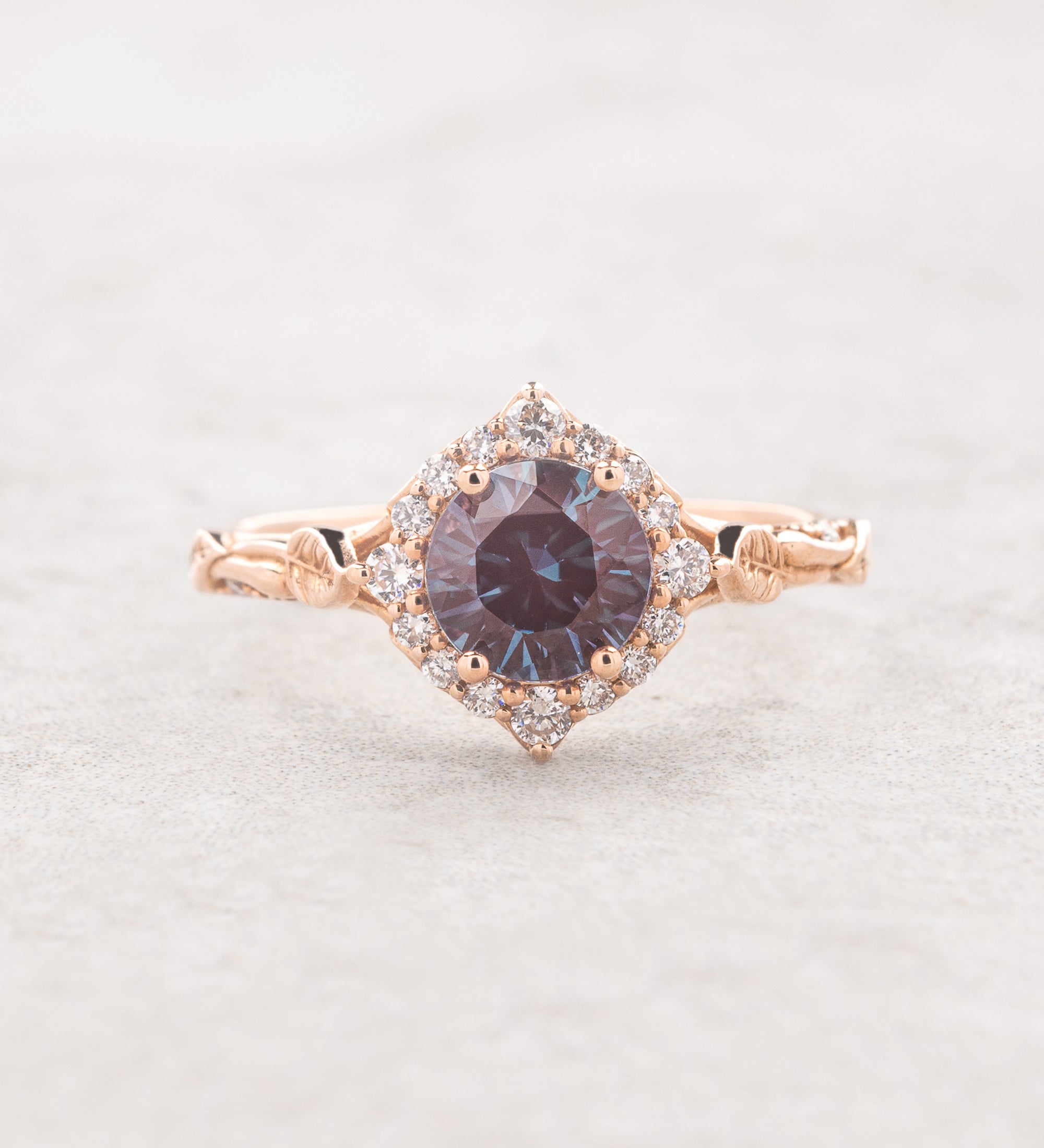 Colour changing alexandrite engagement ring with diamond halo, romantic gold leaves ring with diamonds / Florentina - Eden Garden Jewelry™