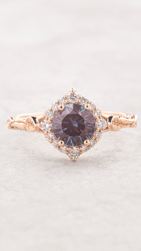 Colour changing alexandrite engagement ring with diamond halo, romantic gold leaves ring with diamonds / Florentina - Eden Garden Jewelry™