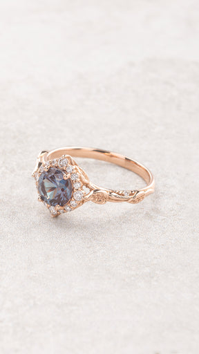Colour changing alexandrite engagement ring with diamond halo, romantic gold leaves ring with diamonds / Florentina - Eden Garden Jewelry™