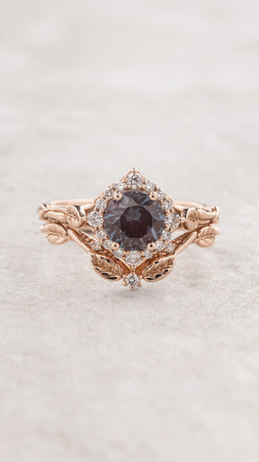 Lab alexandrite bridal ring set with diamond halo, romantic leaf ring / Florentina - Eden Garden Jewelry™