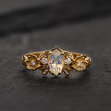 Rainbow moonstone and diamonds engagement ring, leaf and flower gold ring / Adelina