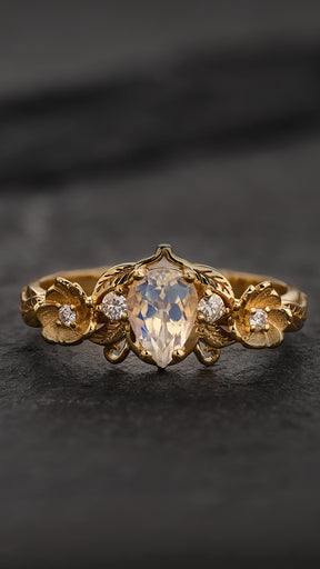Rainbow moonstone and diamonds engagement ring, leaf and flower gold ring / Adelina - Eden Garden Jewelry™