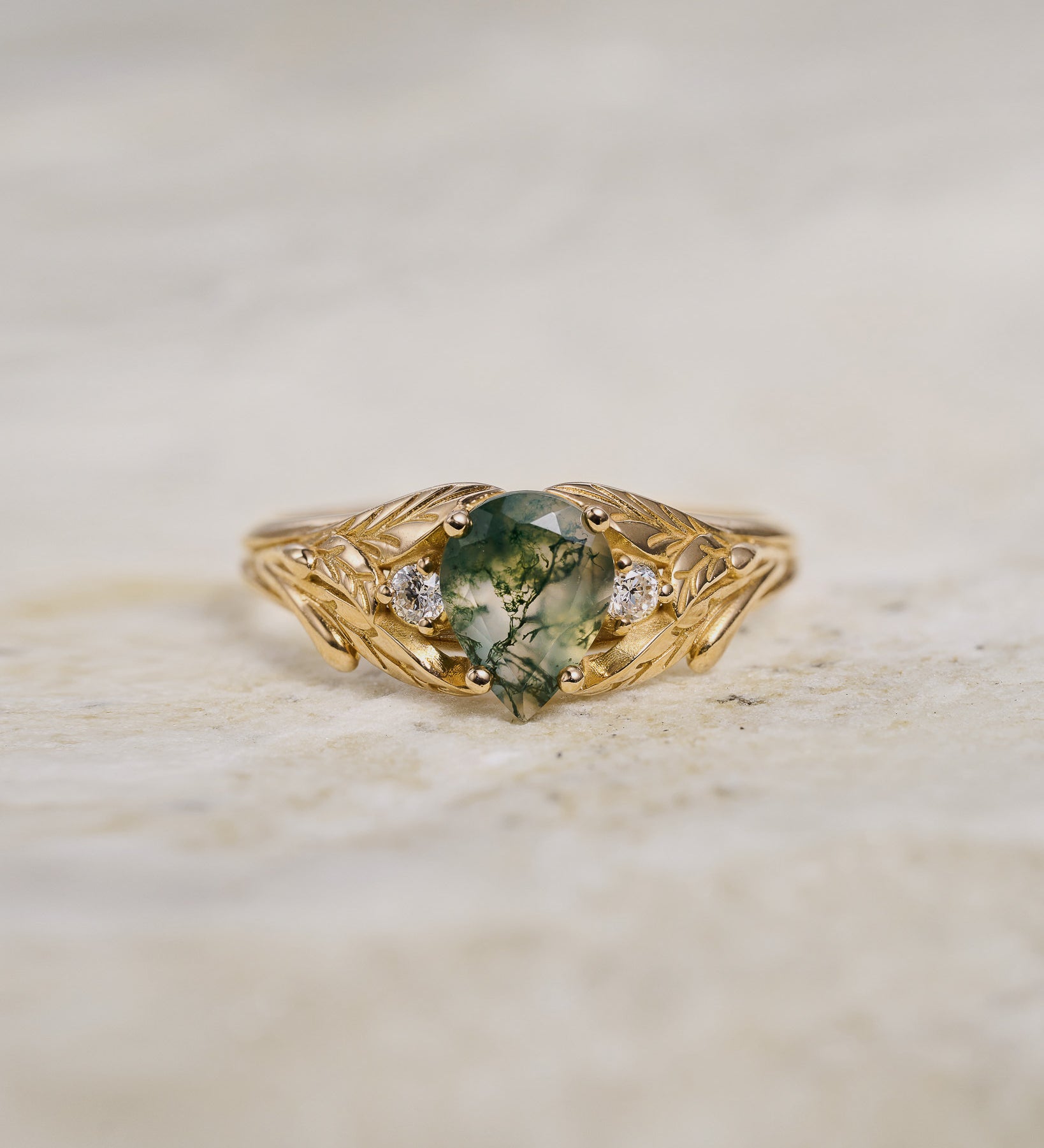 READY TO SHIP: Wisteria engagement ring with moss agate and diamonds, 14K yellow gold,  AVAILABLE RING SIZE: 5.5 - 9.5 US - Eden Garden Jewelry™