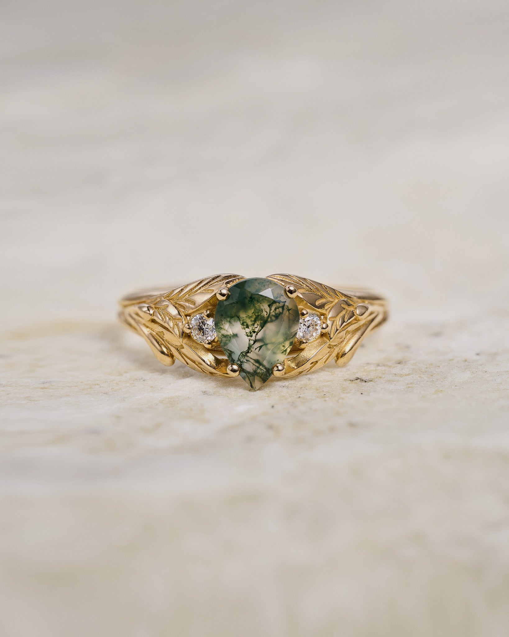 READY TO SHIP: Wisteria engagement ring with moss agate and diamonds, 14K yellow gold,  AVAILABLE RING SIZE: 5.5 - 9.5 US - Eden Garden Jewelry™