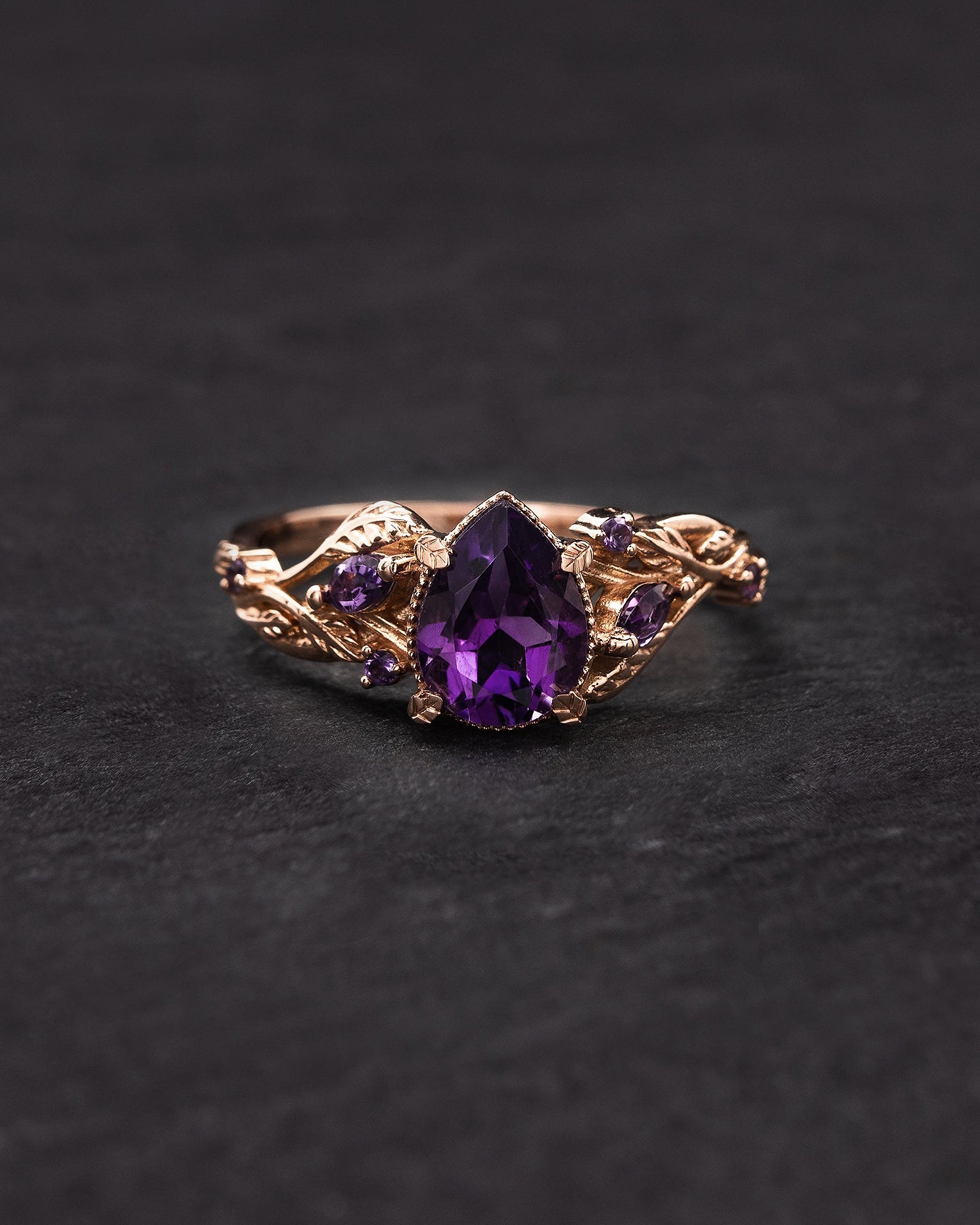 Pear amethyst bridal ring set, gold stacking twig rings / Patricia - Eden Garden Jewelry™