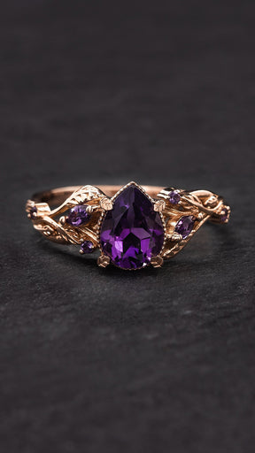 Pear amethyst bridal ring set, gold stacking twig rings / Patricia - Eden Garden Jewelry™
