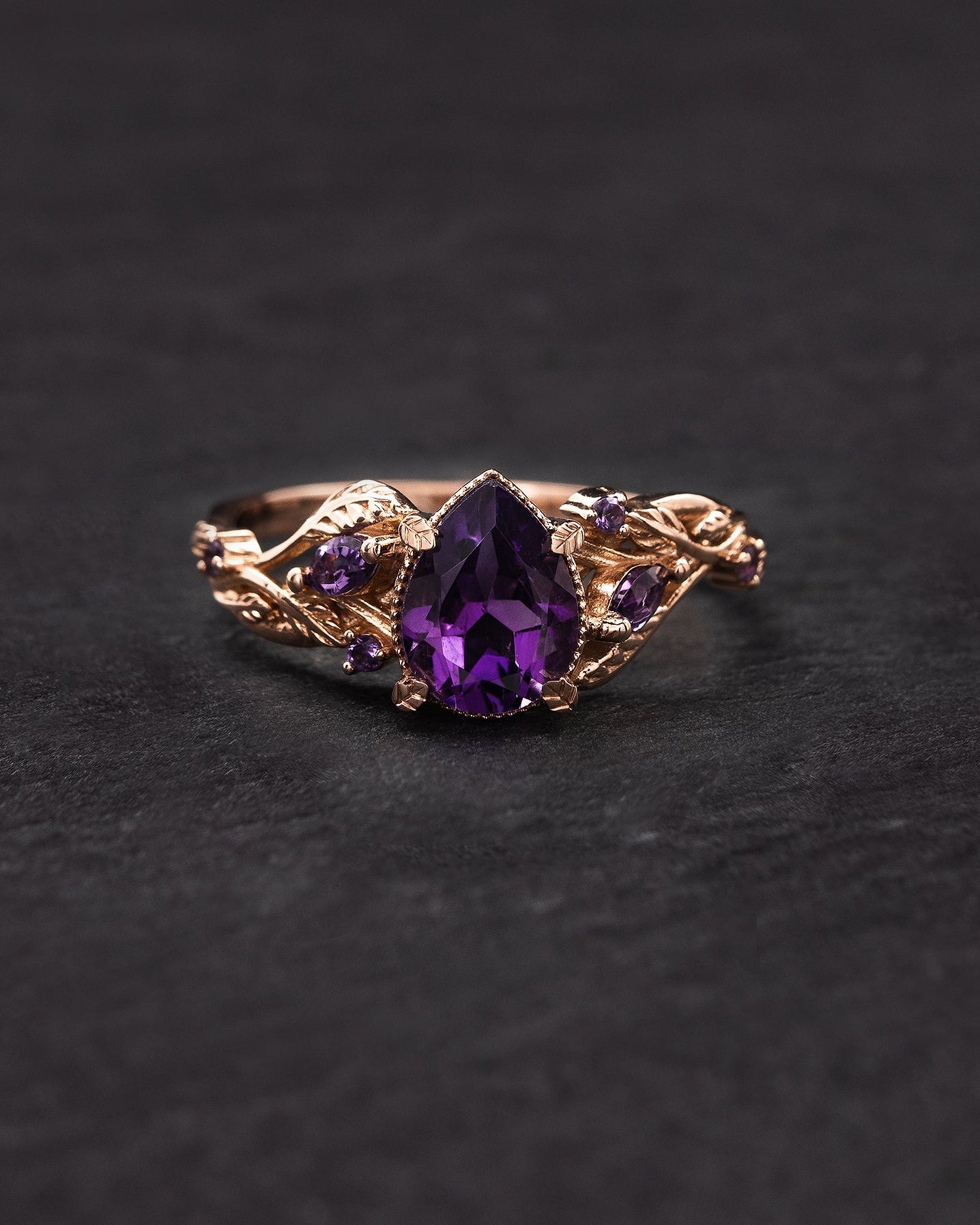 READY TO SHIP: Patricia ring in 14K rose gold, central amethyst, pear cut 8x6 mm, accent amethysts, AVAILABLE RING SIZES: 5.5 - 8.5 US - Eden Garden Jewelry™