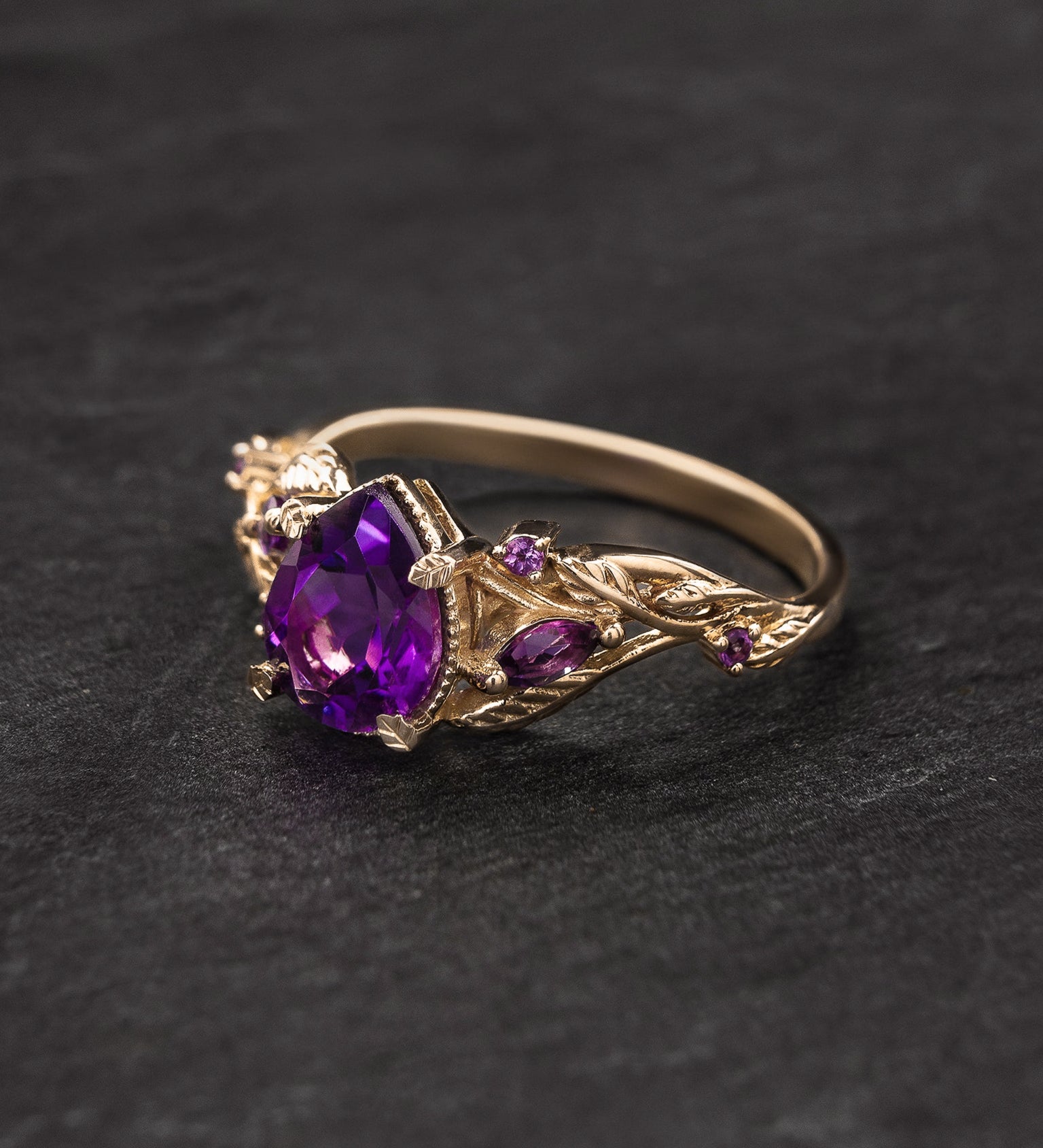 Dark amethyst engagement ring, gold vines and leaves proposal ring / Patricia - Eden Garden Jewelry™