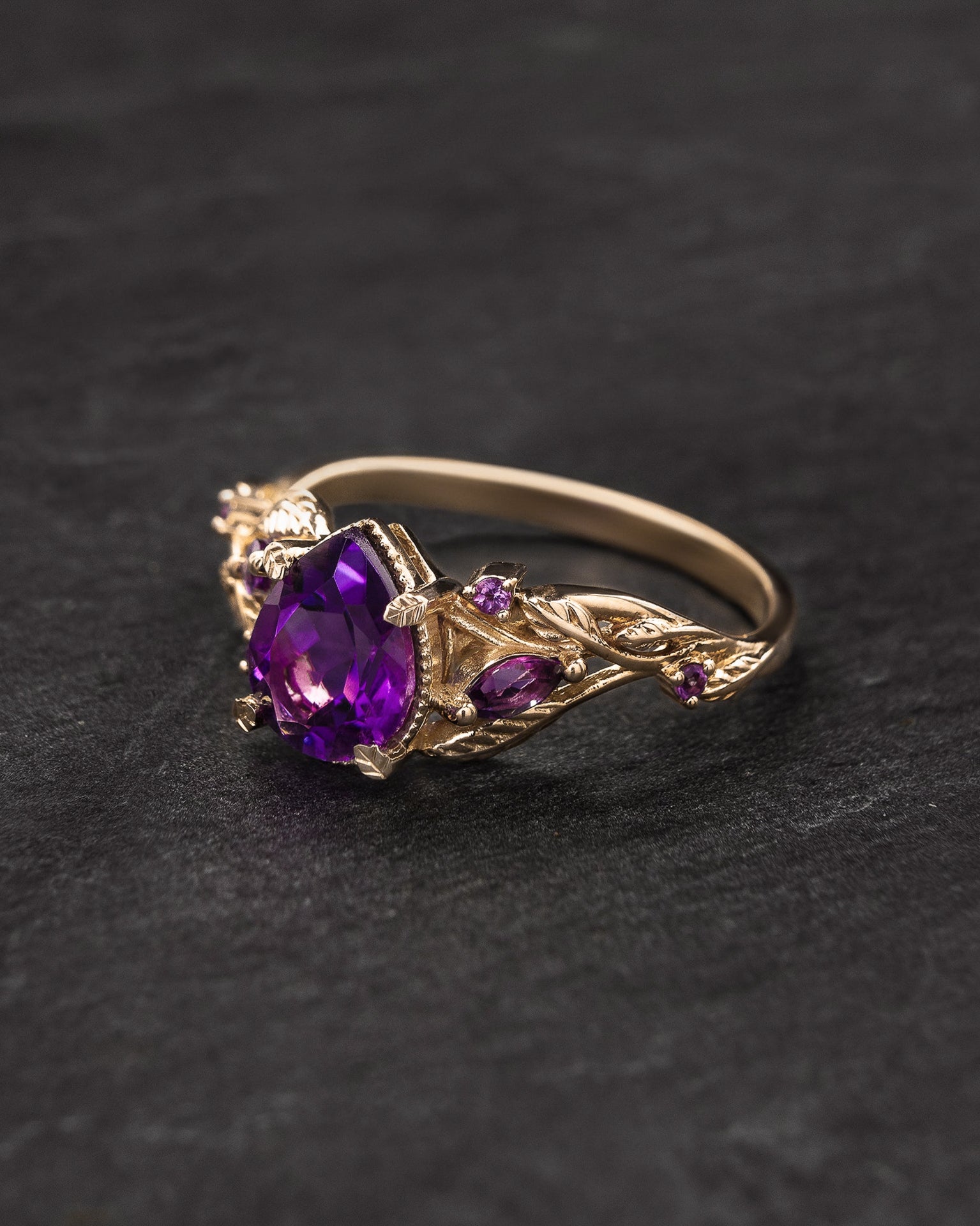 Dark amethyst engagement ring, gold vines and leaves proposal ring / Patricia - Eden Garden Jewelry™