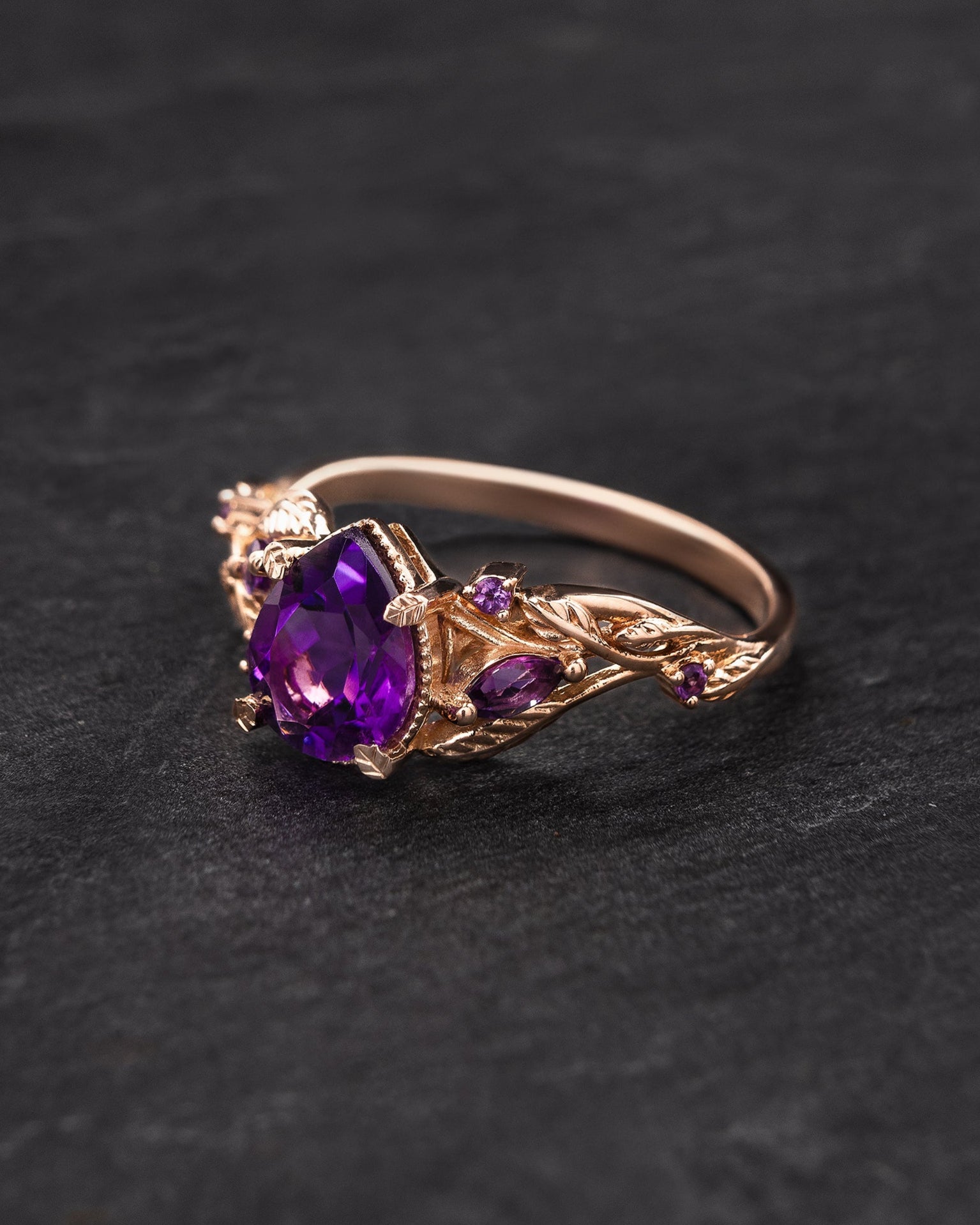 READY TO SHIP: Patricia ring in 14K rose gold, central amethyst, pear cut 8x6 mm, accent amethysts, AVAILABLE RING SIZES: 5.5 - 8.5 US - Eden Garden Jewelry™