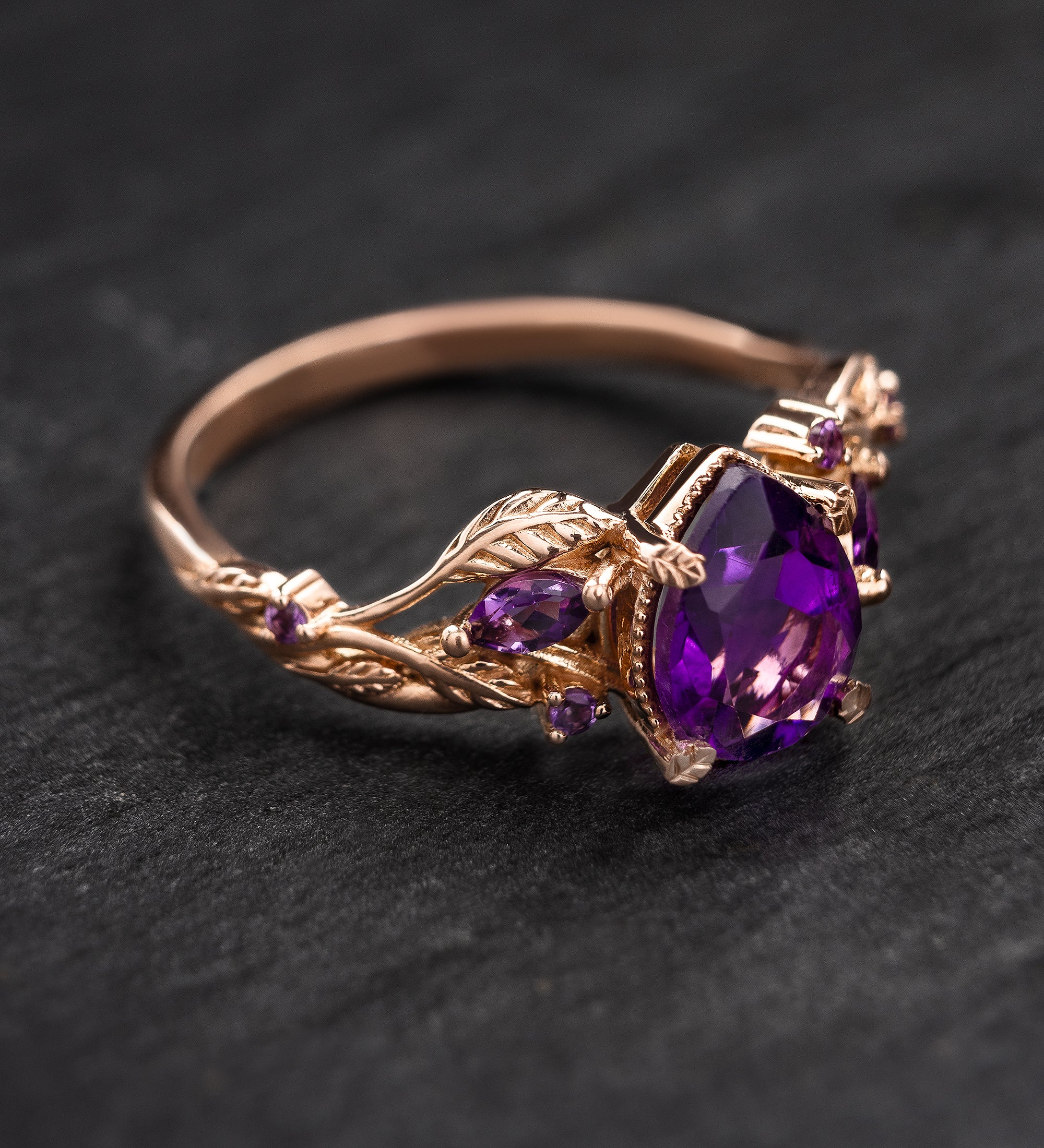 Pear amethyst bridal ring set, gold stacking twig rings / Patricia - Eden Garden Jewelry™