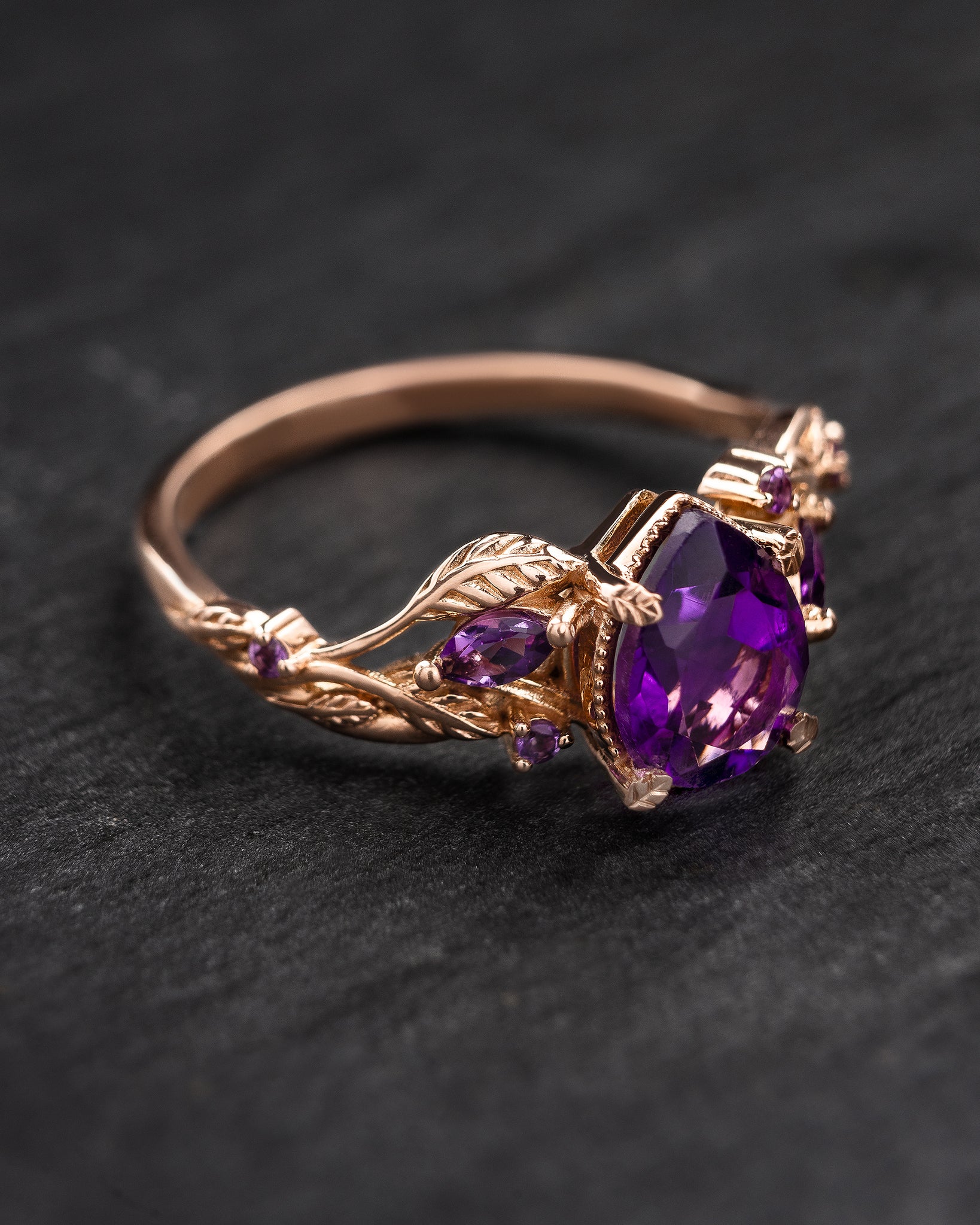 Pear amethyst bridal ring set, gold stacking twig rings / Patricia