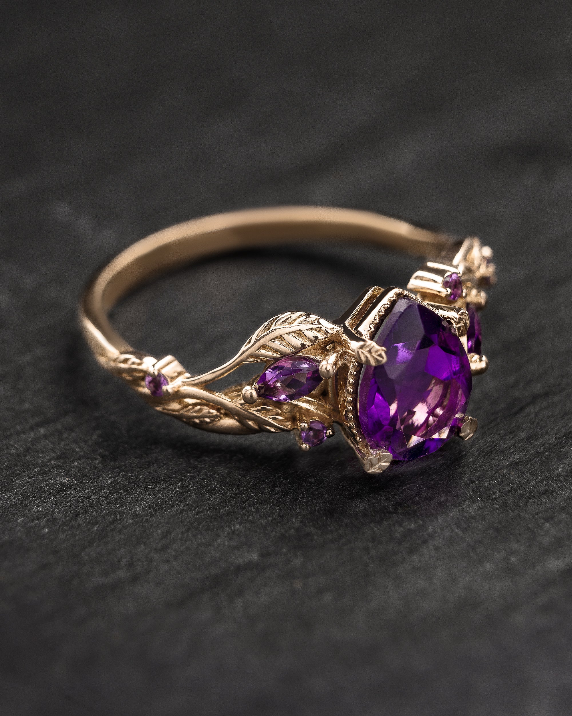 Amethyst engagement ring, gold vines and leaves proposal ring / Patricia - Eden Garden Jewelry™