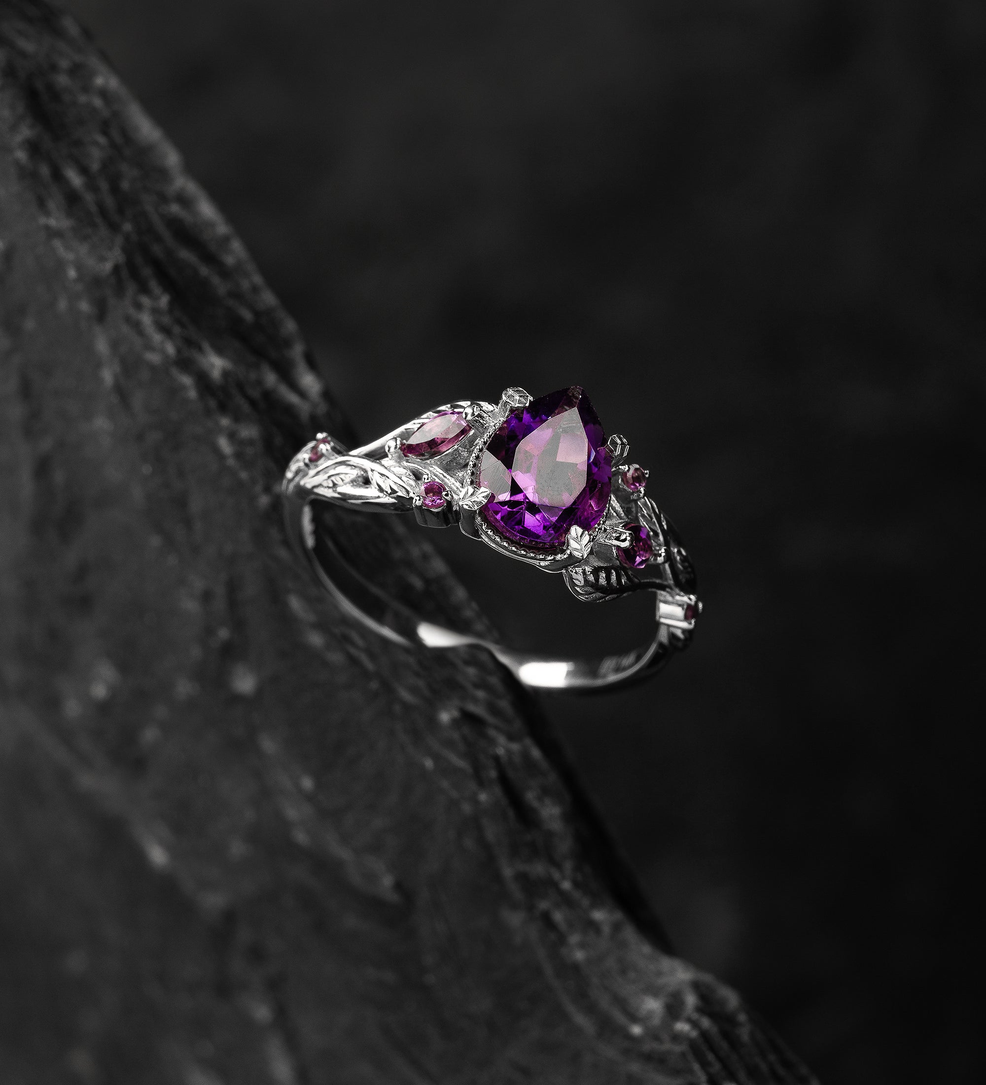 Dark amethyst engagement ring, gold vines and leaves proposal ring / Patricia - Eden Garden Jewelry™
