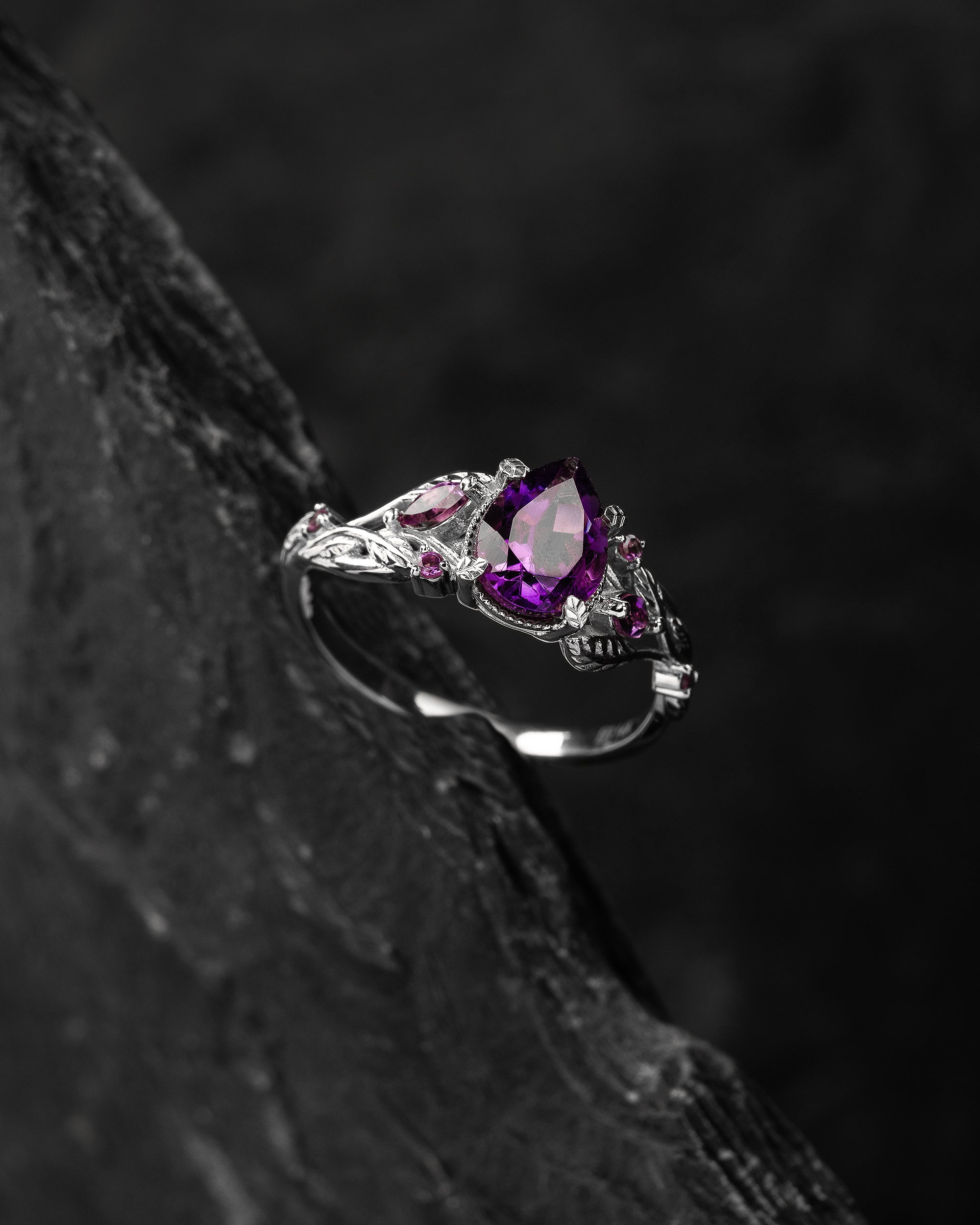 Dark amethyst engagement ring, gold vines and leaves proposal ring / Patricia - Eden Garden Jewelry™