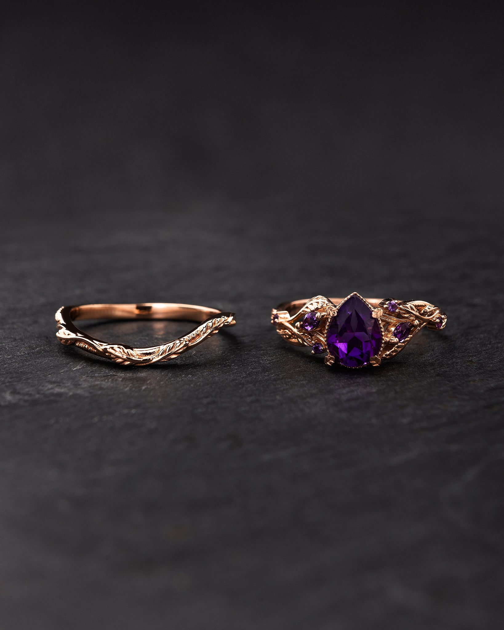 Pear amethyst bridal ring set, gold stacking twig rings / Patricia