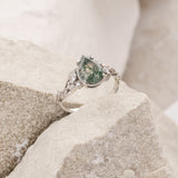 Big moss agate engagement ring, gold branch proposal ring with accent diamonds / Patricia