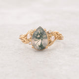 Big moss agate engagement ring, gold branch proposal ring with accent diamonds / Patricia