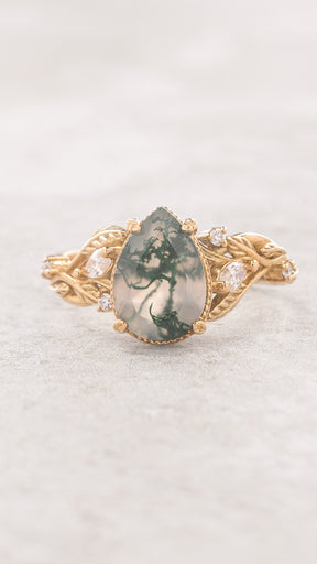 One-of-a-kind moss agate engagement ring, gold leaf engagement ring with diamonds / Patricia - Eden Garden Jewelry™