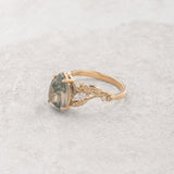 Big moss agate engagement ring, gold branch proposal ring with accent diamonds / Patricia