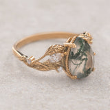 Big moss agate engagement ring, gold branch proposal ring with accent diamonds / Patricia