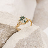 Big moss agate engagement ring, gold branch proposal ring with accent diamonds / Patricia