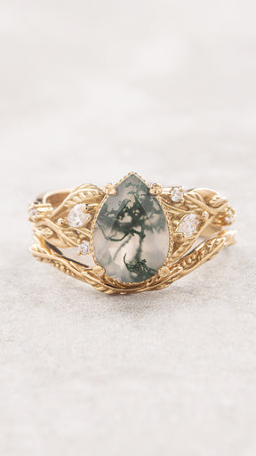 Gorgeous moss agate bridal ring set, elvish engagement ring with a matching twig band / Patricia - Eden Garden Jewelry™