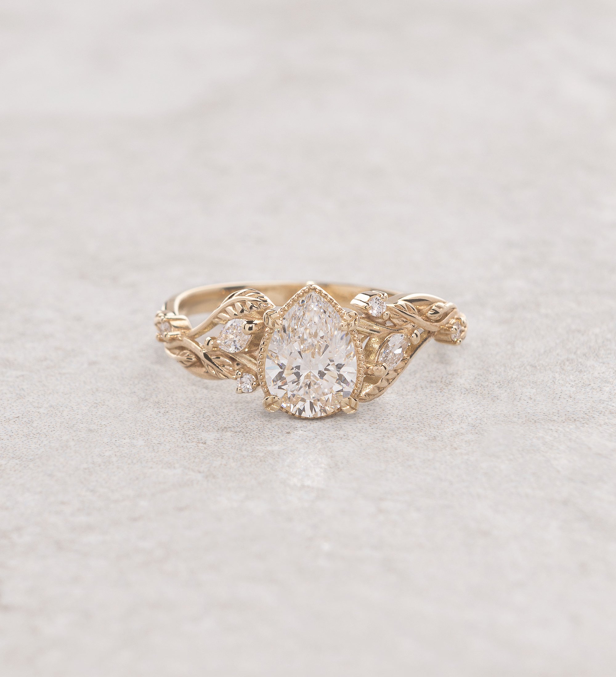 Pear lab grown diamond engagement ring, white gold nature inspired ring with leaves and diamonds / Patricia - Eden Garden Jewelry™